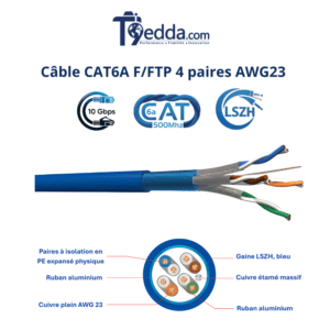 Câble Réseau CAT6A F/FTP 4 Paires AWG23 500MHz Blindé LSZH 10 Gigabit Ethernet
